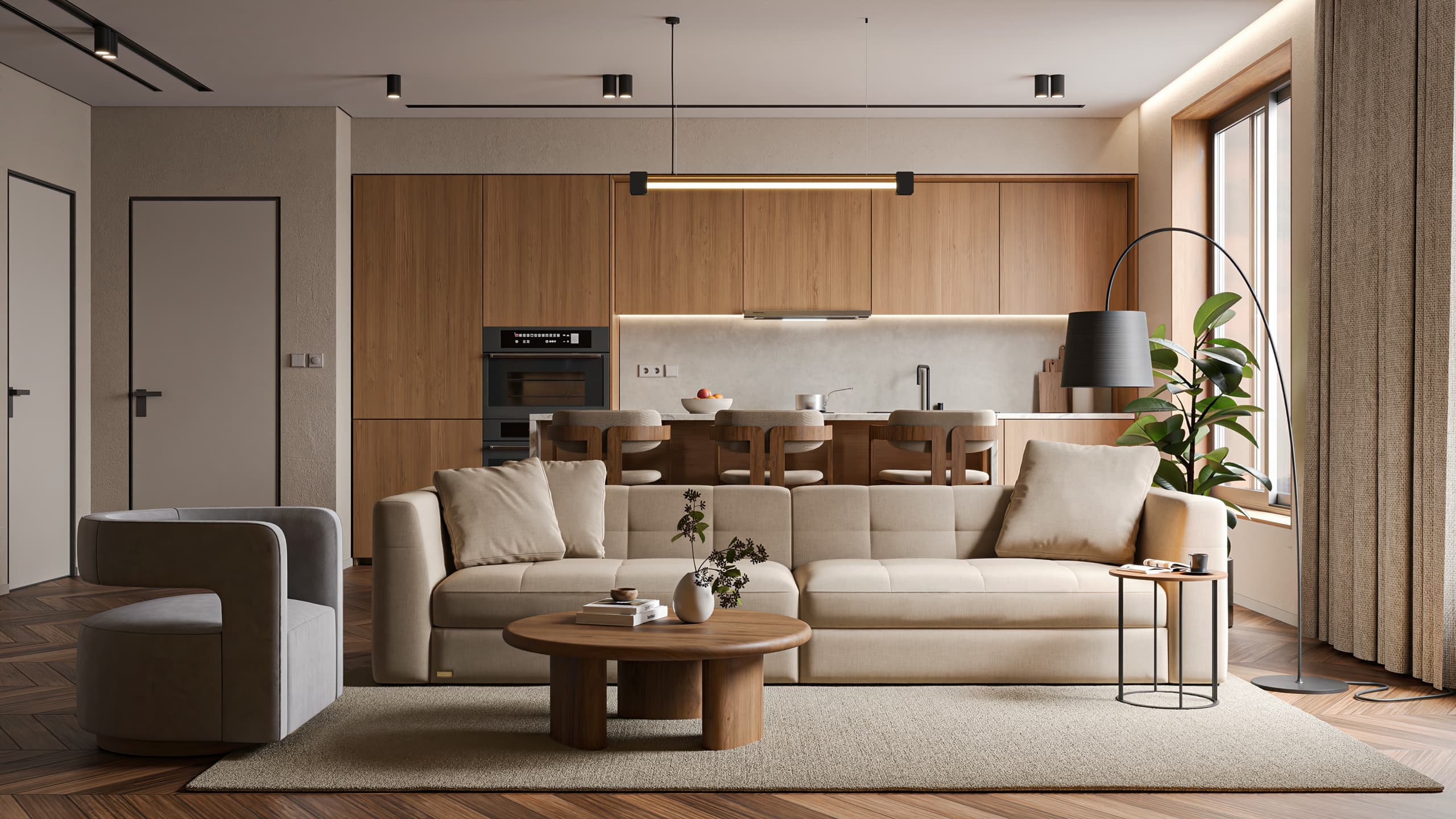 Salon contemporain avec cuisine ouverte