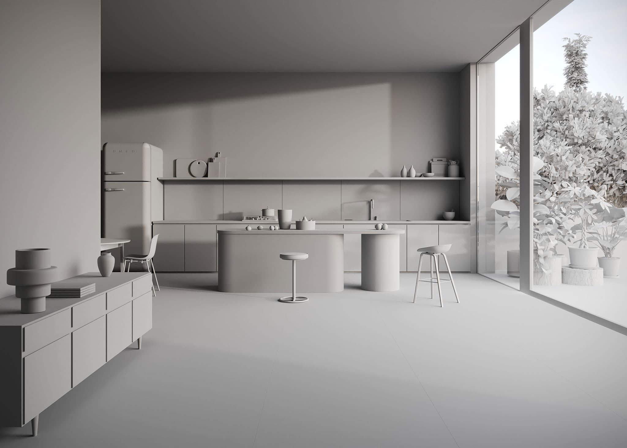 Rendu 3D brut d'une cuisine sans matériaux ni éclairage final